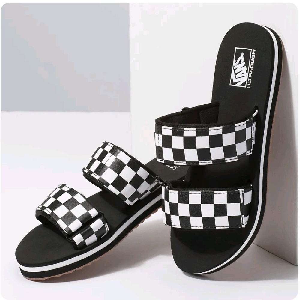 NWT Vans Blk/Wh Checkerboard Cayucas Slide Sandal Shoe Adjustable Strap Wm Sz 8